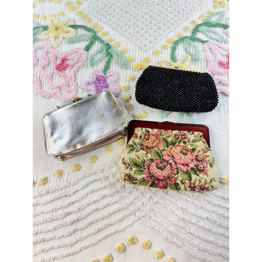 Vintage Clutch Bundle 3pc Black Beaded Floral Tapestry Silver Evening Bags